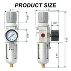 AIRZOE 3/8" NPT Air Filter Regulator Combo Piggyback,5 Micron Brass Element, Semi-Auto Drain,Air Pressure Regulator AW3000-03,0-145 psi Gauge
