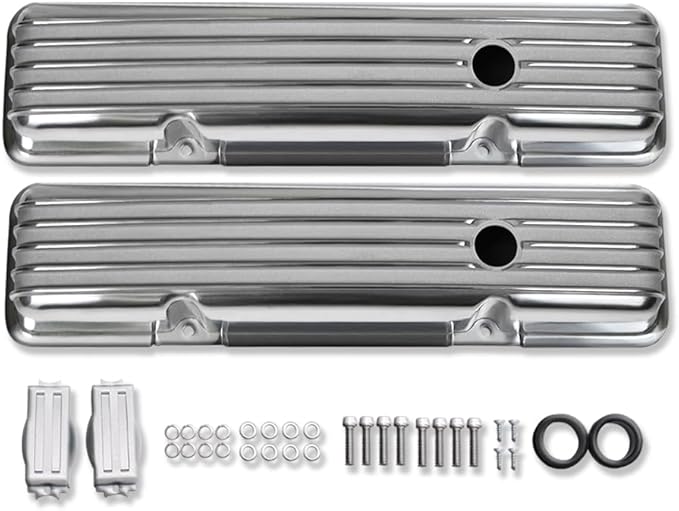 Tall Valve Covers For SBC 283 305 327 350 400 1958-1986 and 12" Oval Air Cleaner Partial Finned Polished