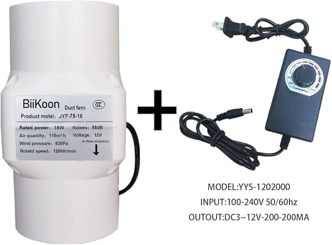 3 Inch/75mm Inline Duct Fan 12V 18W Variable Vent Blower Plastic Air Extractor Booster for Carbon Filter Grow Tent Basement Shutter Attic (Color : Adjustable Speed, Size : 18w)