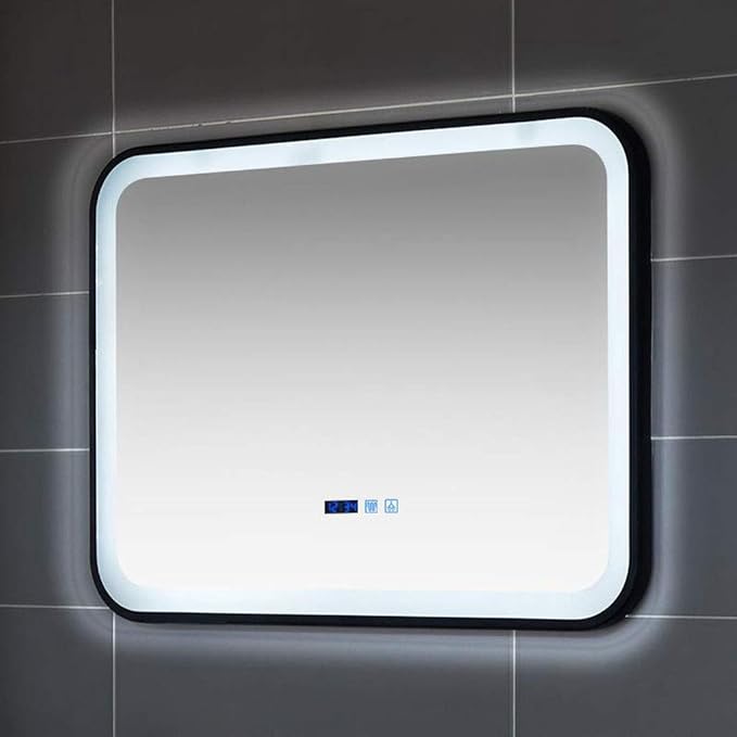 Bathroom Mirror with LED Light and Demister Pad Wall Mounted Mirror Makeup Shaving Mirror Smart Touch Switch (Black 700 * 900mm)