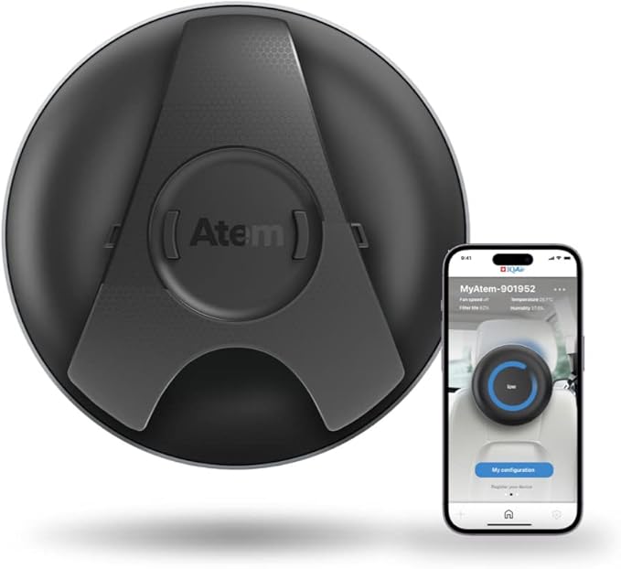 IQAir Atem Car Portable HEPA Air Purifier, Filters for Pollution, Odors, Gases, Car Fumes, and Asthma Triggers, Bacteria, Viruses, Great for Travel or Daily Commute, Swiss Design, Made in Germany