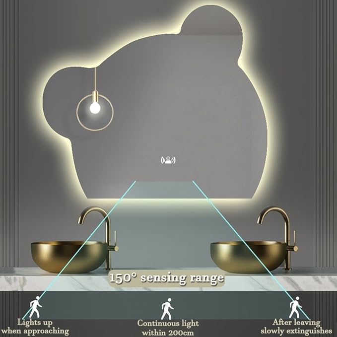 LTSRLL LED Vanity Mirror Cute Bear Decorative Mirror for Bathroom & Dressing Tabler Backlight Wall Mirror with 3 Color Dimmable Light Demister Pad Human Body Sensor Switch(Cut Down,80cmx95cm)