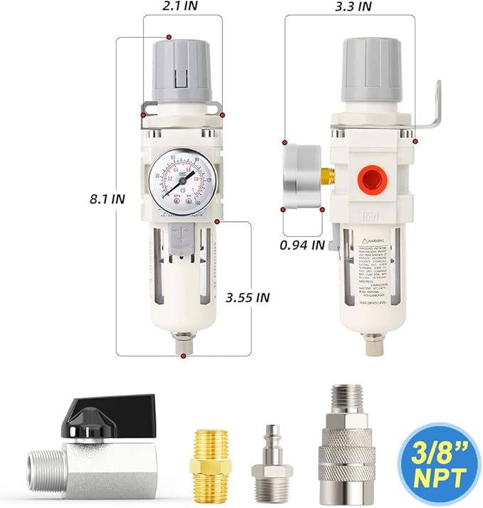 MEANLIN Air Compressor Moisture Filter, AW3000 Air Line Filter, 3/8" NPT Inlet with 150 PSI Gauge and Valve Shut Off Switch for Air Tools and Spray Paint Gun