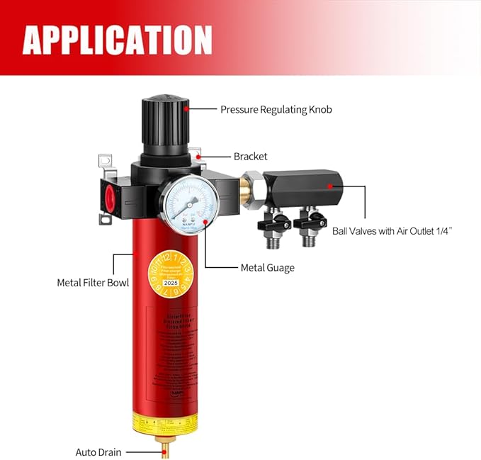 NANPU Z Series Air Filter – Sintered Filter, 1/2" NPT Inlet, 1/4" NPT Outlet Module, 0-230 psi Gauge, 127 CFM @ 6 bar, Metal Housing, Auto Drain (Z104-D)
