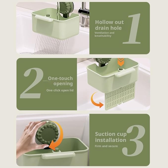 Kitchen Sink Strainer Drainer Basket with Suction Cup,Food Waste Filter Basket,Sponge Brush Holder for Kit-chen Home,Efficient Kitchen Waste Management (Green)