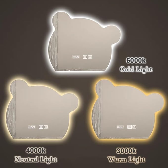 LTSRLL LED Vanity Mirror Cute Bear Decorative Mirror for Bathroom & Dressing Tabler Backlight Wall Mirror with 3 Color Dimmable Light Demister Pad Human Body Sensor Switch(Cut Down,80cmx95cm)