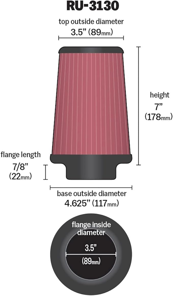 K&N High-Flow Original Lifetime Universal Clamp-On Air Filter: High Performance, Washable: Flange Diameter: 3.5 In, Filter Height: 7 In, Flange Length: 0.875 In, Shape: Round Tapered, RU-3130