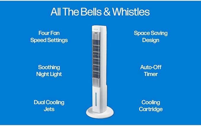 Arctic Air Tower+ Indoor Evaporative Cooler with Oscillating and Quiet Fan Function, Auto-Off Timer, 4 Fan Speeds, LED Night Light, 16-Hour Cooling, Fan for Bedroom, Living Room, Office & More,White