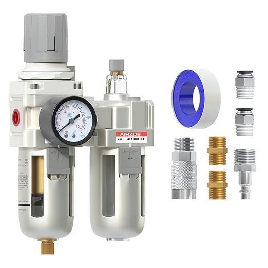AIRZOE 1/2" NPT Compressed Air Filter Regulator Lubricator Combo, Air Compressor Water Separator AC4010-04,5 Micron Brass Element Semi-Auto Drain,0-145 psi Gauge