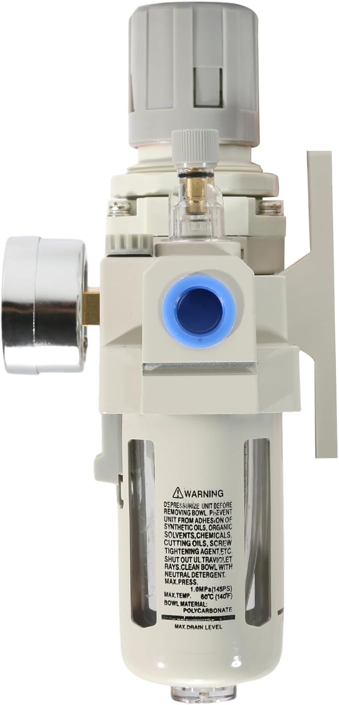3/8" NPT Air Filter Pressure Regulator Combo Piggyback, Air Compressor Filter with Gauge (0-150 PSI),Poly Bowl, Manual Drain, Metal Bracket