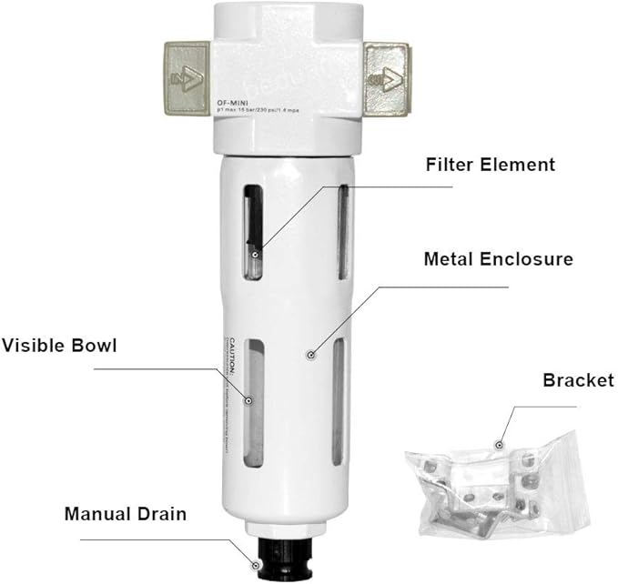 Beduan 1/4" Air in-line Compressed Particulate Filter,Moisture Water Trap Filter With Visible Bowl,Semi-Auto Drain(MINI)