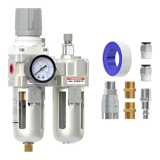 AIRZOE 3/8" NPT Compressed Air Filter Regulator Lubricator Combo, Air Compressor Water Separator AC3010-03,5 Micron Brass Element Semi-Auto Drain,0-145 psi Gauge