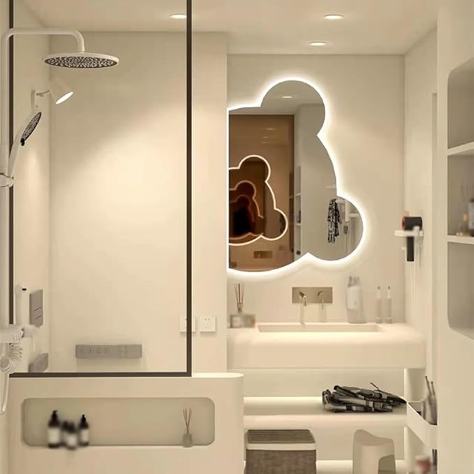 LTSRLL LED Vanity Mirror Cute Bear Decorative Mirror for Bathroom & Dressing Tabler Backlight Wall Mirror with 3 Color Dimmable Light Demister Pad Human Body Sensor Switch(Cut Left,70cmx85cm)
