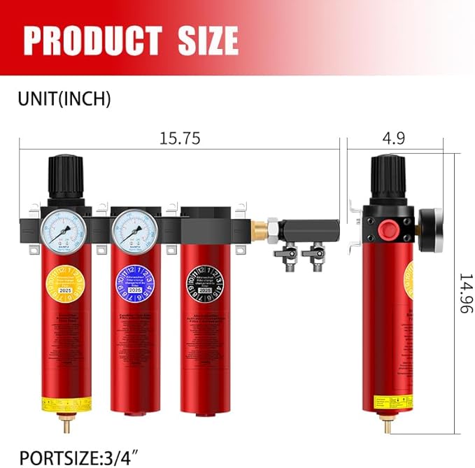 NANPU Z Series 3-Stage Air Filtration System - Sintered, Fine, & Charcoal Filters, 3/4" NPT Inlet, 1/4" NPT Outlet Module, 0-230 psi Gauge, 127 CFM @ 6 bar, Metal Housing, Auto Drain