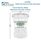 Foxx Life Sciences 1141-RLS Autofil Sterile Disposable Vacuum Filter Units with 0.45um PES Membrane for Prefiltration or Clarification, 250mL, Pack of 12