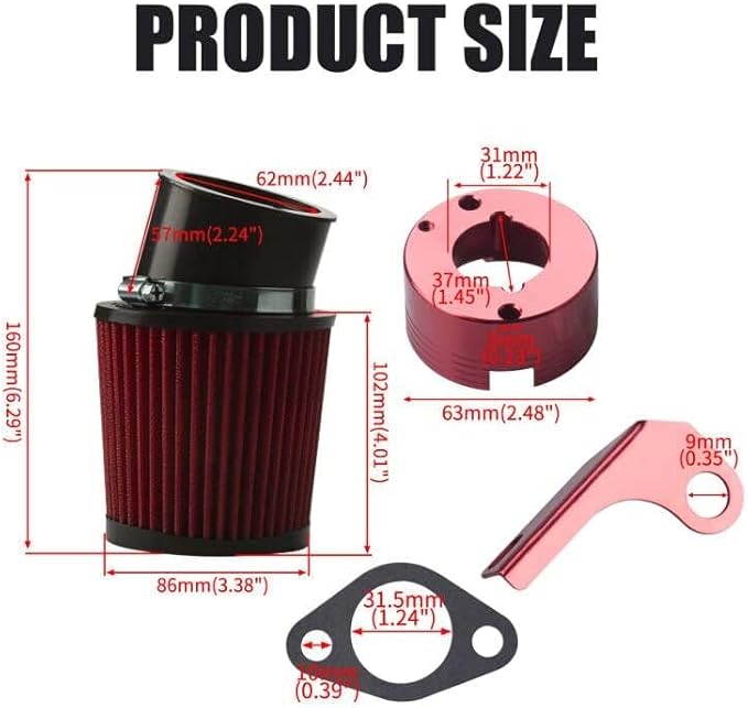 Air Filter Adapter Jet Kit for Predator 301cc 420cc 11hp 13hp 15hp GX340 GX390 389cc Stage 1 Mini Bike Parts Go Kart Golf Cart Lawnmower Water Pump Pressure Washer Generator OHV Engine (Red)