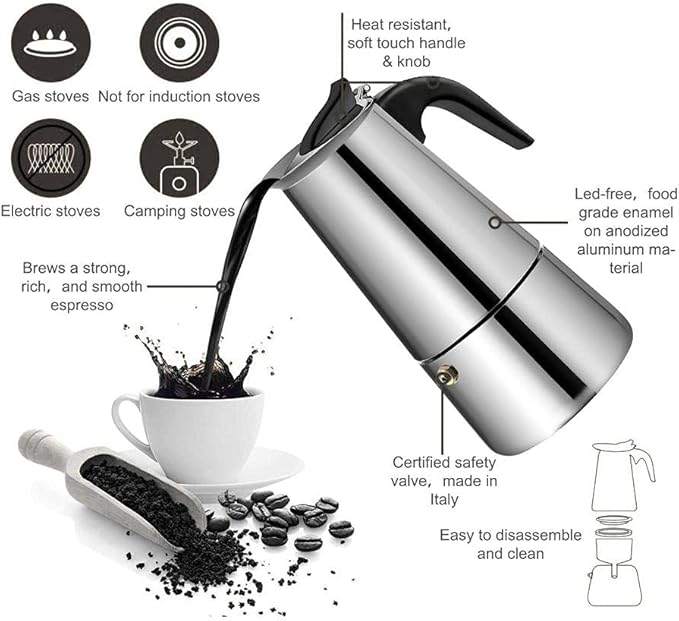 ZJchao Eagle Beak Design Moka Pot Portable Stainless Steel Coffee Maker Pot Pressure Extraction for Rich Flavor Suitable for All Stoves (01)
