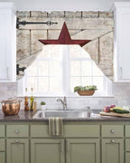 Village Stars Swag Kitchen Curtains Valance and Tier Set, Vintage Dark Red Star Beige Barn Doors Light-Filtering Swag Valance, Rod Pocket Short Curtain for Bedroom Cafe, 56x36 inches