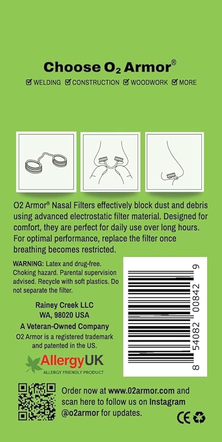 O2 Armor Nose Filters for Welders & Allergies - Nose Filter for Dust - Nasal Filters for Welding - Nose Dust Mask for Construction (30 Pack - 3x10, Size X-Large)