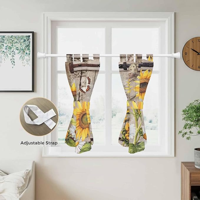 Farmhouse Sunflowers Bedroom Curtains 63 Inch Length, Window Curtains Tab Top, Rustic Barn Doors Flowers Butterfly Wooden Light Filtering Window Treatments Drapes 42"x63" 2 Panel