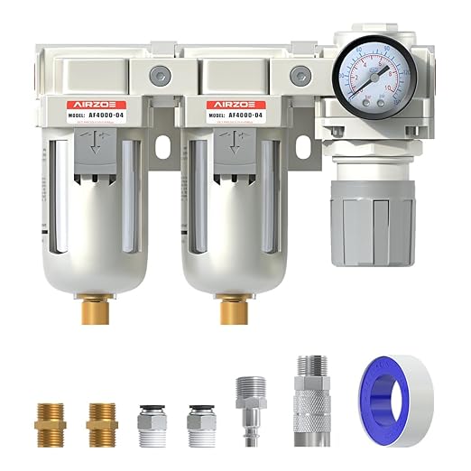 AIRZOE 1/2" NPT Air Dryer for Compressor-Air Compressor Water Separator A4110-04,Double Air Compressor Filter,Air Pressure Regulator Combo,5 Micron Brass Element,Semi-Auto Drain,0-145 psi Gauge