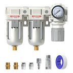 AIRZOE 1/2" NPT Air Dryer for Compressor-Air Compressor Water Separator A4110-04,Double Air Compressor Filter,Air Pressure Regulator Combo,5 Micron Brass Element,Semi-Auto Drain,0-145 psi Gauge