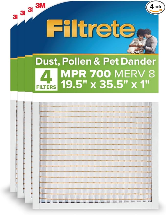 Filtrete 19.5x35.5x1 AC Furnace Air Filter, MERV 8, MPR 700, Tough on Pollen, Easy on Airflow, 3-Month Pleated 1-Inch Electrostatic Air Cleaning Filter, 4-Pack (Actual Size 19.56 x 35.31 x 0.65 in)