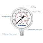 MEASUREMAN Fully Stainless Steel Hydraulic Glycerin Filled Pressure Gauge, 2-1/2" Dial Size,0-30psi/kpa,1/4" NPT Lower Mount