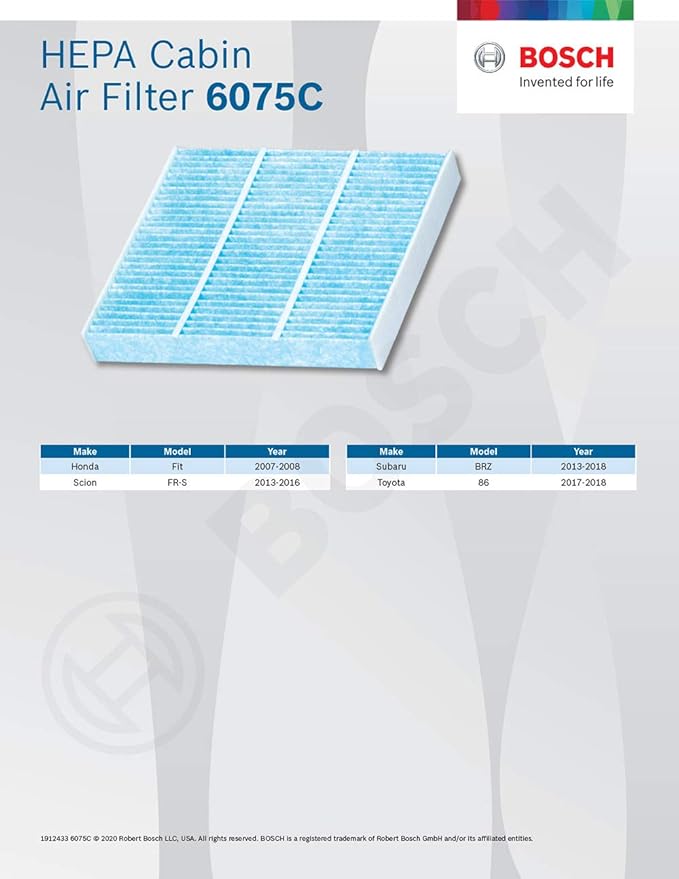 BOSCH 6075C HEPA Cabin Air Filter - Compatible with Select Honda Fit; Scion FR-S; Subaru BRZ; Toyota 86, GR86