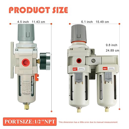 RIH Air Dryer System - 1/2" NPT Double Air Filters-5 Micron Particulate Filter& Air Pressure Regulator - Gauge(0-150 psi), Semi-Auto Drain, Poly Bowl,Bracket - 3 in 1 Two Unit (1/2" NPT)