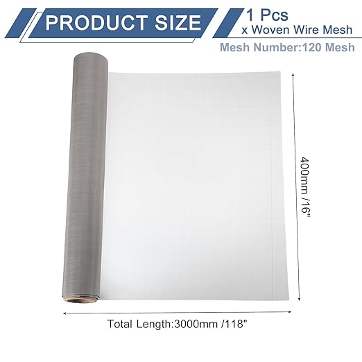 uxcell 120 Mesh 118" x 16" Woven Wire Mesh, 304 Stainless Steel Air Vent Filter Screen, Window Screen Mesh for DIY Projects Vents Cover Filtration Animals Fence