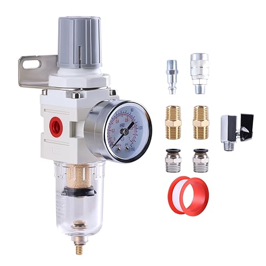 1/4 Inch NPT Air Filter Regulator Combo Piggyback, Air Compressor Water Separator, Air Line Dryer, Semi-Auto Drain, Air Pressure Regulator AW2000-02, 0-150 PSI Gauge