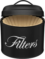 Black Basket Coffee Filter Holder With Lid - Round Container for Counter Storage - Rustic Farmhouse Bar Accessories Decor