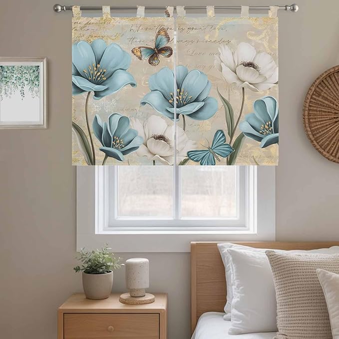 Spring Flowers Bedroom Curtains 63 Inch Length, Window Curtains Tab Top, Vintage Rustic Tulips Floral Butterfly Khaki Light Filtering Window Treatments Drapes 42"x63" 2 Panel