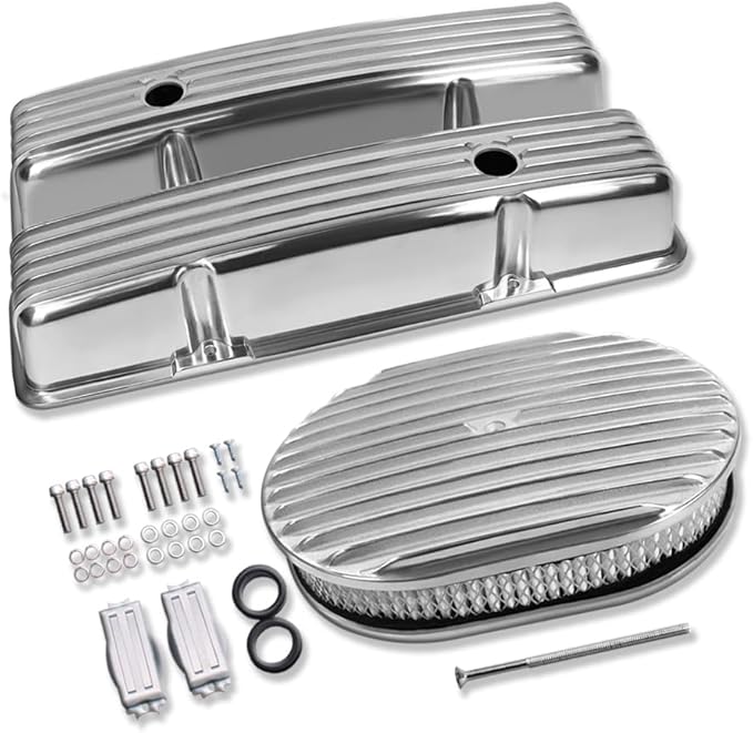 Tall Valve Covers For SBC 283 305 327 350 400 1958-1986 and 12" Oval Air Cleaner Full Finned Polished