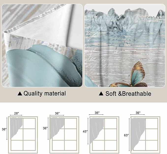 Spring Floral Swag Valances for Windows, Vintage Tulips Flower Butterfly Retro Wood Blue Rod Pocket Kitchen Curtains Valance, Kitchen Window Curtains Swag for Cafe Living Room, 2 Panels, 36x63 inch