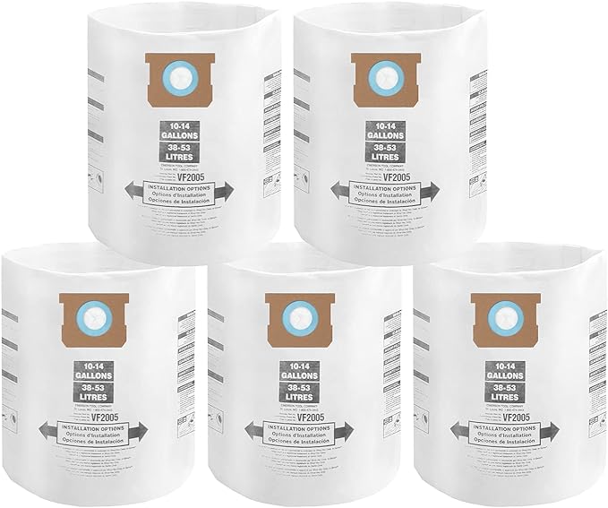 for Shop Vac Bags 10-14 Gallon, Type F 90662 9066200 9066233; Type I 90672 9067200 9067233; VF2005, High Efficiency Disposable Fine Dust Collection Vacuum Filter Bags (5 Pack)