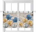 Blue Yellow Tulips Kitchen Curtains 36 Inch Length, Small Window Curtains Tab Top, Retro Farmhouse Flower Barn Doors Wooden Light Filtering Short Window Treatments Tier Drapes 27.5"x36" 2 Panel