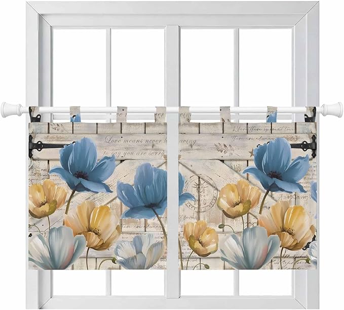 Blue Yellow Tulips Kitchen Curtains 24 Inch Length, Small Window Curtains Tab Top, Retro Farmhouse Flower Barn Doors Wooden Light Filtering Short Window Treatments Tier Drapes 27.5"x24" 2 Panel