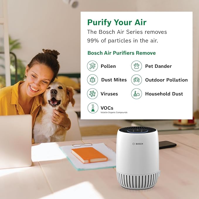 BOSCH Air Purifier for Home, Small Spaces (Covers,500-sq ft), 2-in-1 Filter for Pollen, Smoke, Dust, Dander, Outdoor Pollution, Odors, HEPA, Air 1000, White