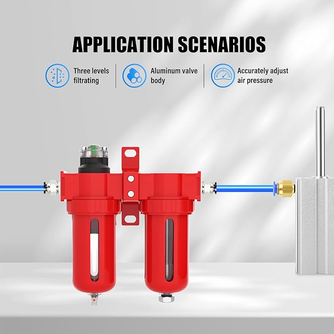 1/2" NPT Aluminium Air Drying System, Coalescing Filter, Desiccant Dryer and Air Regulator, Manual Drain, with 150 PSI Gauge and Valve Shut Off Switch for Plasma Cutter and Paint Spray
