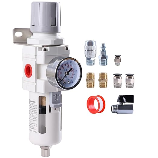 3/8 Inch NPT Air Filter Regulator Combo Piggyback AW3000-03, Air Compressor Water Separator, Air Line Dryer, Semi-Auto Drain, Air Pressure Regulator, 0-150 PSI Gauge