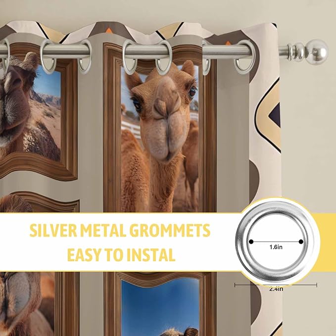 2 Panel Kitchen Cafe Curtains, Desert Camels Sunlight Filtering Nature Air Through, Home Decor Window Covering Tier Curtains for Living Room 80W x 84L inch Western Wildlife Brown Animals Country