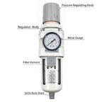 XingNEeng 1/2" NPT Compressed Air Filter Regulator Combo Piggyback, Water/Oil Trap Separator with Pressure Gauge(0-150 psi), Semi-Auto Drain, Poly Bowl, 5 Micron Brass Element, Metal Bracket