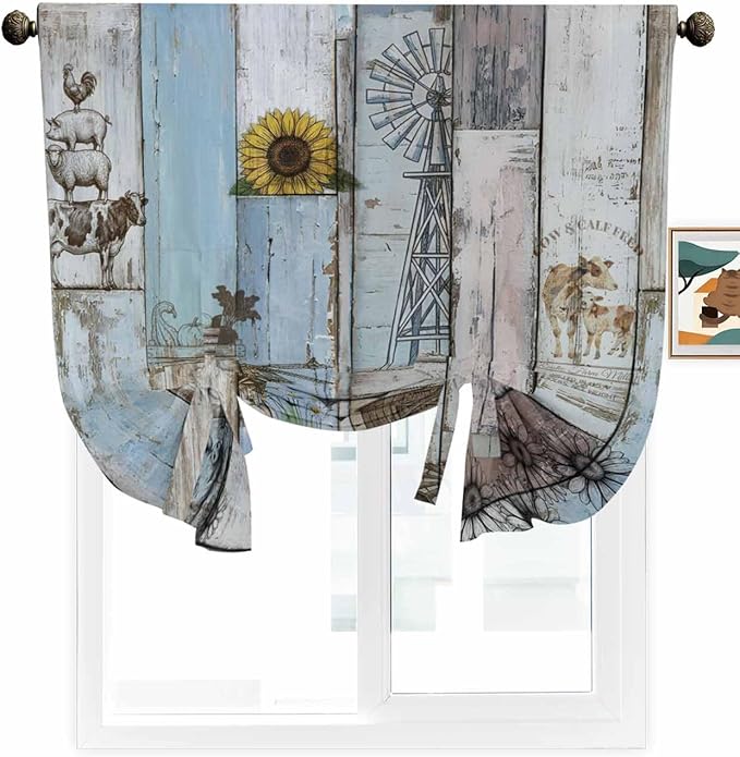 Tie Up Curtains for Windows, Blue Grey Wooden Adjustable Balloon Nature Linen Textured Kitchen Curtain, Farmhouse Barn Sunflowers Retro Tie Up Light Filtering Curtains for Decor, 34 x 45 in