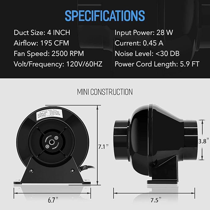 iPower 4 Inch 195 CFM Inline Fan Ventilation Exhaust Blower, Air Carbon Filter with Hook, 8 Feet Flexible Ducting, Rope Hanger, for Grow Tent Ventilation