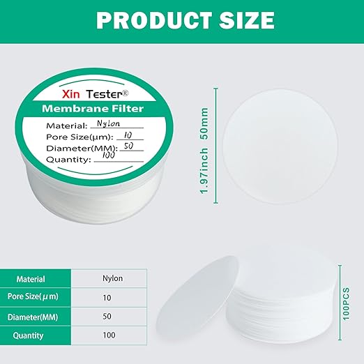 Xin Tester 100 Pieces Nylon Disc Membrane Filters, 50 mm Diameter, 10µm Pore Size