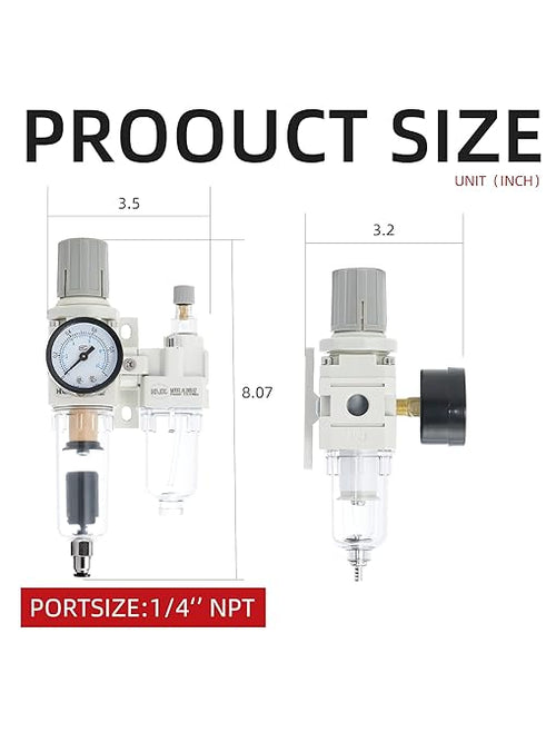 1/4" PT Compressed Air Filter Regulator Lubricator Combo Water/Oil Trap Separator Air Filter Pressure Regulator Automatic Drainage AC2010-02D (1/4" NPT, Automatic Drainage)