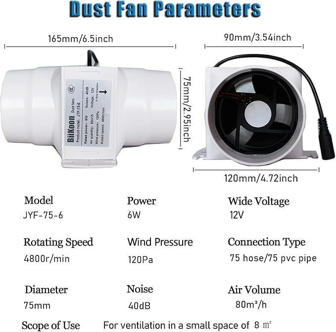 Inline Duct Fans 3 Inch 12V Extractor Fan 6W 47Cfm Plastic Variable Vent Blower Workshop Dust Fume Air Extractor Fan for Carbon Filter (Color : NO Adjustable Speed, Size : 6w)