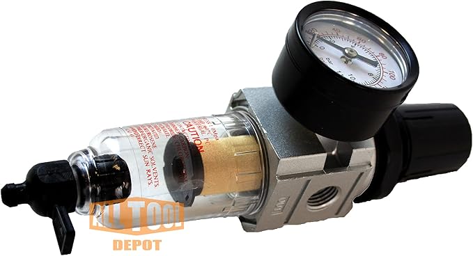 1/4" NPT Mini Compressed Air In Line Filter Regulator Combo Piggyback, Poly Bowl And Metal Body, 5 Micron Element, Adjustable From 7 to 140 PSI (MANUAL DRAIN)